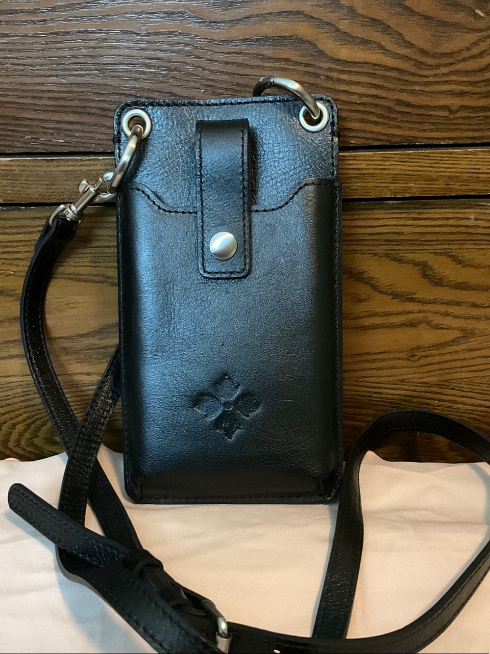 Patricia Nash Fairleigh Black Leather Crossbody Phone Pouch with Embossed Detail